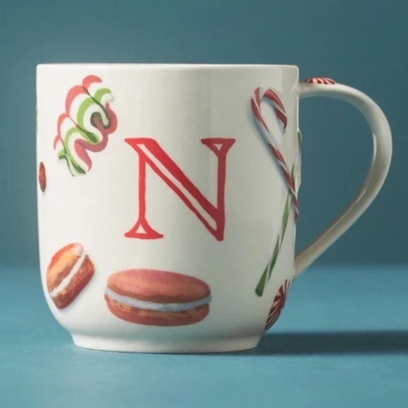 NWT Anthropologie HOLIFAYE STONEWARE MONOGRAM MUG Christmas N - Picture 1 of 3